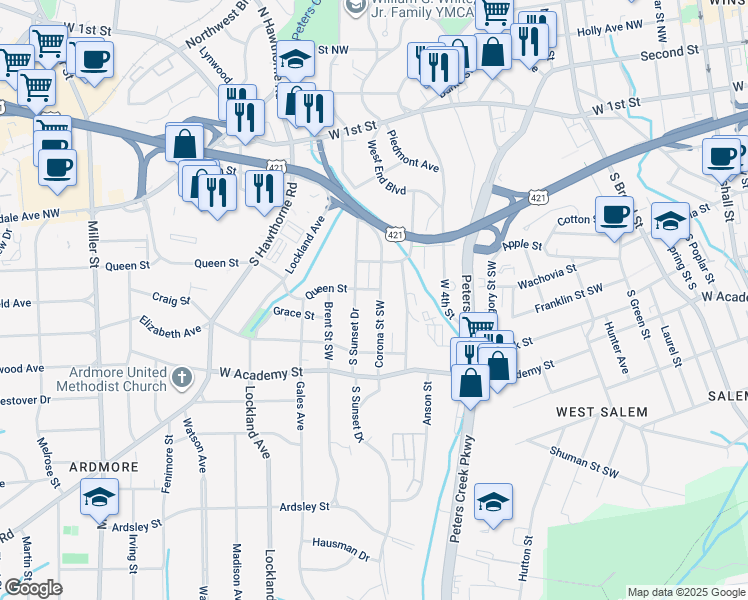 map of restaurants, bars, coffee shops, grocery stores, and more near 412 Corona Street Southwest in Winston-Salem