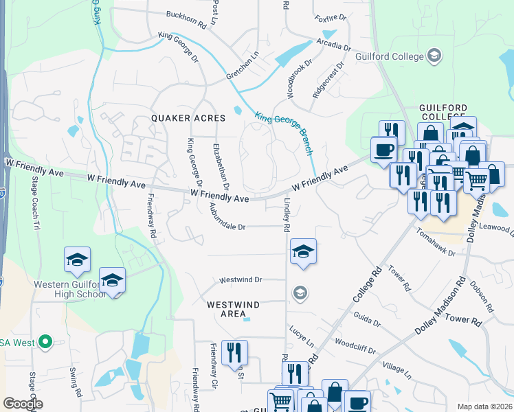 map of restaurants, bars, coffee shops, grocery stores, and more near 6111 West Friendly Avenue in Greensboro