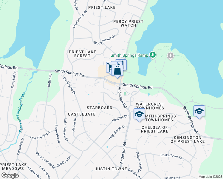 map of restaurants, bars, coffee shops, grocery stores, and more near 2999 Smith Springs Road in Nashville