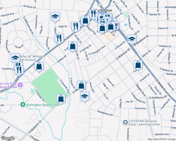 map of restaurants, bars, coffee shops, grocery stores, and more near 416 Avon Avenue in Burlington