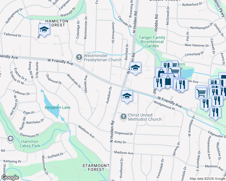 map of restaurants, bars, coffee shops, grocery stores, and more near 3705 West Friendly Avenue in Greensboro