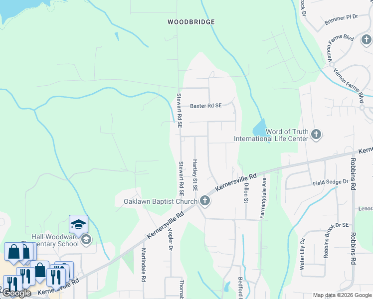 map of restaurants, bars, coffee shops, grocery stores, and more near 256 Stewart Road Southeast in Winston-Salem