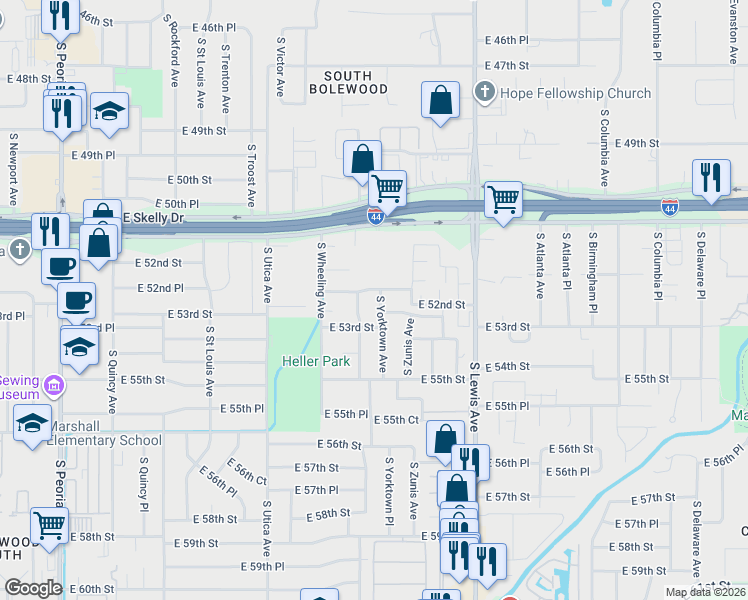 map of restaurants, bars, coffee shops, grocery stores, and more near 5212 South Yorktown Avenue in Tulsa