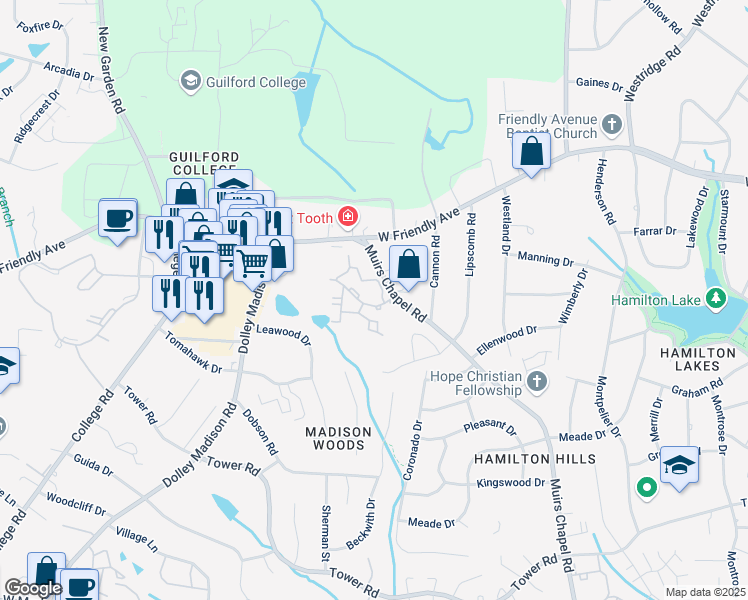 map of restaurants, bars, coffee shops, grocery stores, and more near 5402 Friendly Manor Drive in Greensboro