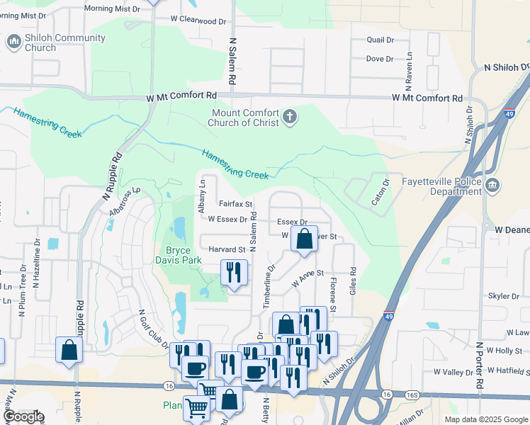 map of restaurants, bars, coffee shops, grocery stores, and more near 1837 North Pine Crest Avenue in Fayetteville
