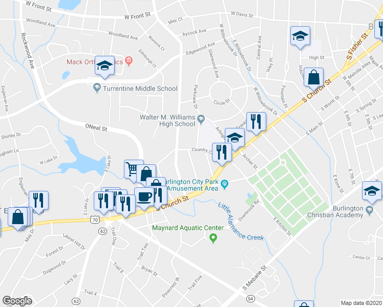 map of restaurants, bars, coffee shops, grocery stores, and more near 418 Country Club Drive in Burlington