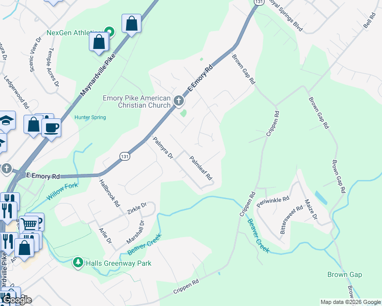 map of restaurants, bars, coffee shops, grocery stores, and more near 7344 Palmleaf Road in Knoxville