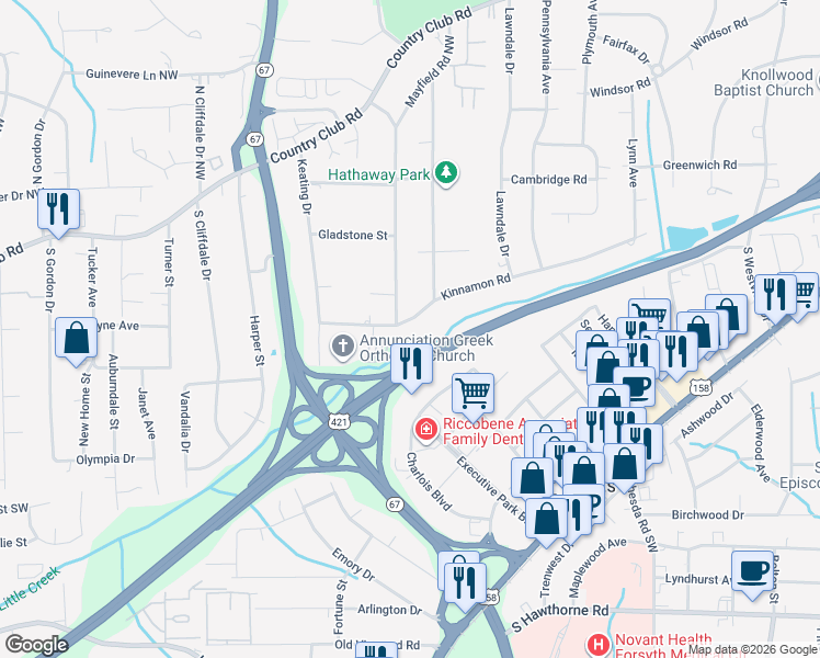 map of restaurants, bars, coffee shops, grocery stores, and more near 3240 Kinnamon Road in Winston-Salem