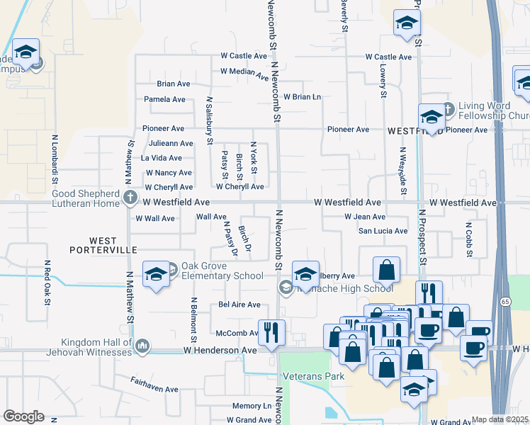 map of restaurants, bars, coffee shops, grocery stores, and more near 1630 West Wall Lane in Porterville