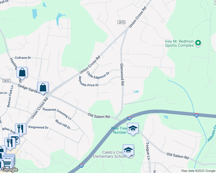 map of restaurants, bars, coffee shops, grocery stores, and more near 1130 Reynolds Price Drive in Kernersville