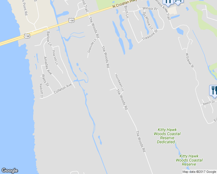 map of restaurants, bars, coffee shops, grocery stores, and more near 5024 Woods Road in Kitty Hawk