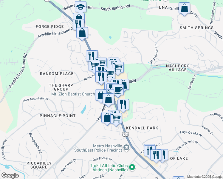 map of restaurants, bars, coffee shops, grocery stores, and more near 115 Nashboro Boulevard in Nashville