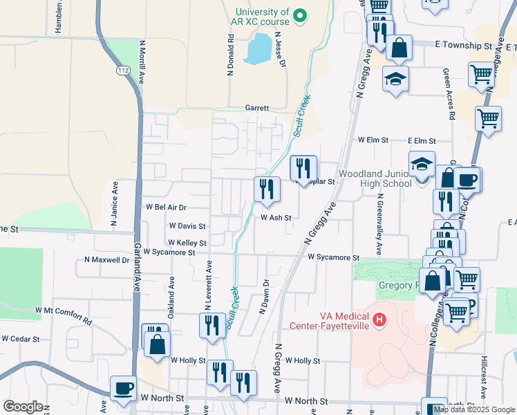 map of restaurants, bars, coffee shops, grocery stores, and more near 1882 N Pluto Drive in Fayetteville