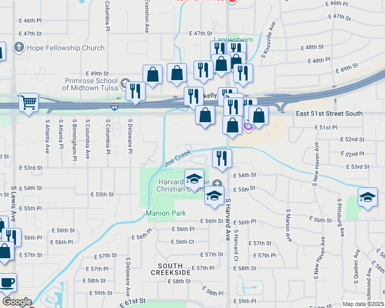 map of restaurants, bars, coffee shops, grocery stores, and more near 5206 South Harvard Avenue in Tulsa