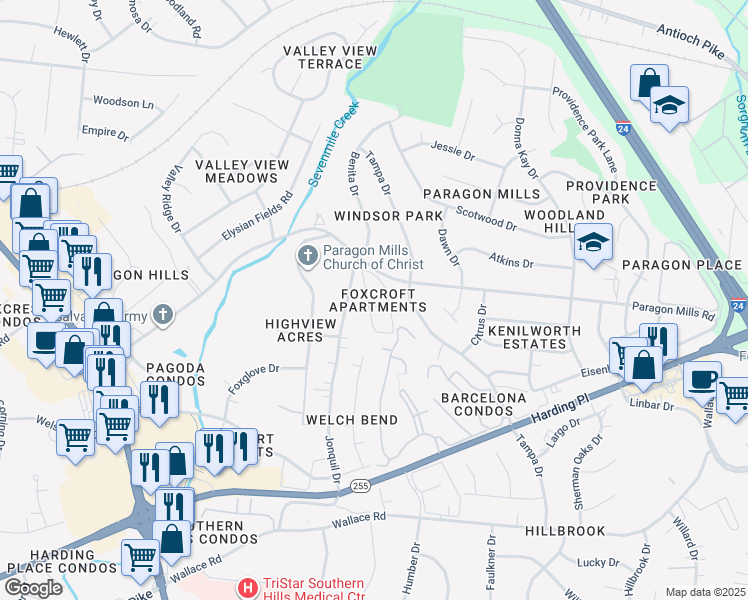 map of restaurants, bars, coffee shops, grocery stores, and more near 365 Paragon Mills Road in Nashville