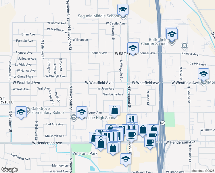 map of restaurants, bars, coffee shops, grocery stores, and more near 1350 West Jean Avenue in Porterville