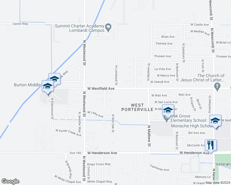 map of restaurants, bars, coffee shops, grocery stores, and more near 2176 West Wall Court in Porterville