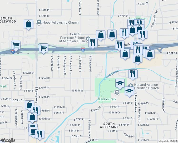 map of restaurants, bars, coffee shops, grocery stores, and more near 5224 South Delaware Place in Tulsa
