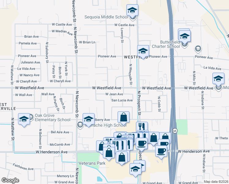 map of restaurants, bars, coffee shops, grocery stores, and more near 1350 West Jean Avenue in Porterville