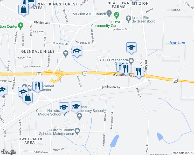 map of restaurants, bars, coffee shops, grocery stores, and more near 4301 Parker Street in Greensboro