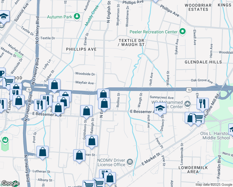 map of restaurants, bars, coffee shops, grocery stores, and more near 709 Rollins Street in Greensboro