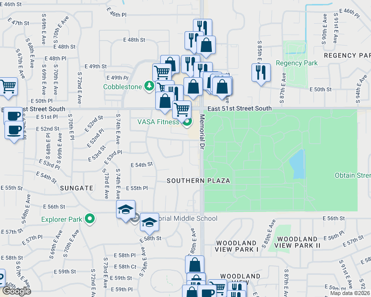 map of restaurants, bars, coffee shops, grocery stores, and more near 5319 South 79th East Avenue in Tulsa