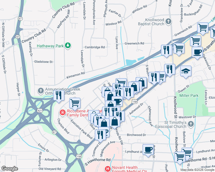 map of restaurants, bars, coffee shops, grocery stores, and more near 406 Seaman St in Winston-Salem