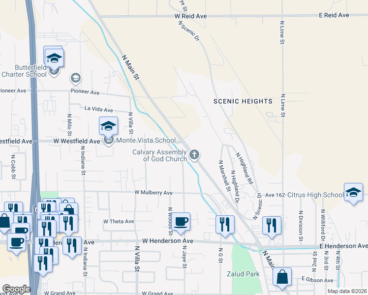 map of restaurants, bars, coffee shops, grocery stores, and more near 1181 North Main Street in Porterville