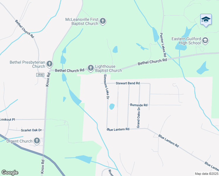 map of restaurants, bars, coffee shops, grocery stores, and more near 203 Simmons Lake Drive in Gibsonville