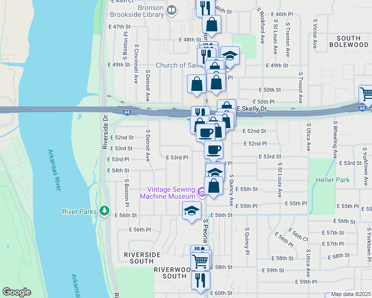 map of restaurants, bars, coffee shops, grocery stores, and more near 1054 East 53rd Street in Tulsa