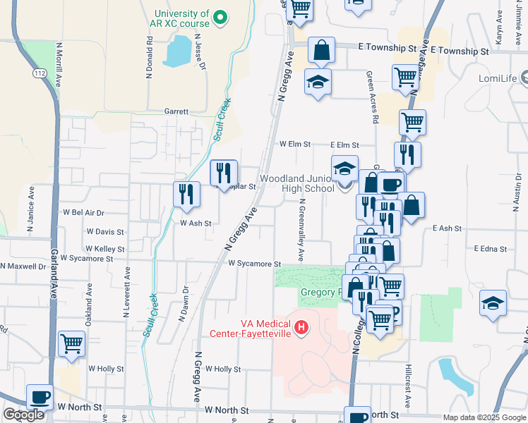 map of restaurants, bars, coffee shops, grocery stores, and more near 269 West Miller Street in Fayetteville