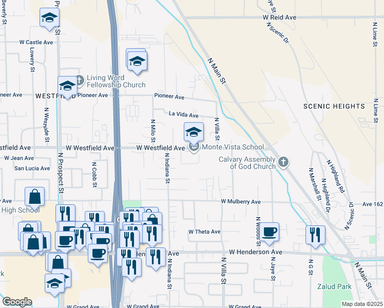 map of restaurants, bars, coffee shops, grocery stores, and more near 701 West Westfield Avenue in Porterville