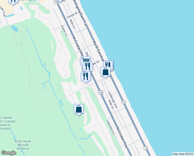 map of restaurants, bars, coffee shops, grocery stores, and more near 4701 North Croatan Highway in Kitty Hawk