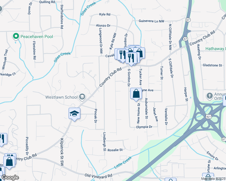 map of restaurants, bars, coffee shops, grocery stores, and more near 134 Hedgecock Avenue Southwest in Winston-Salem