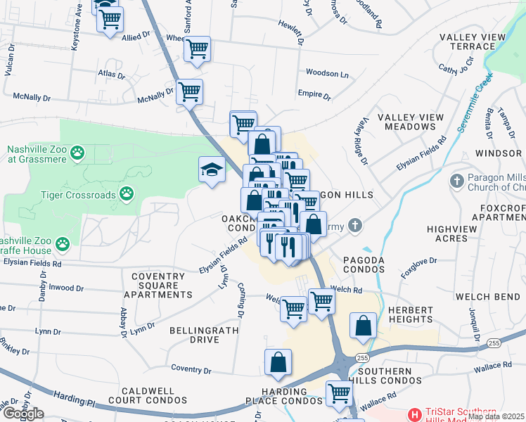 map of restaurants, bars, coffee shops, grocery stores, and more near 3813 Nolensville Pike in Nashville