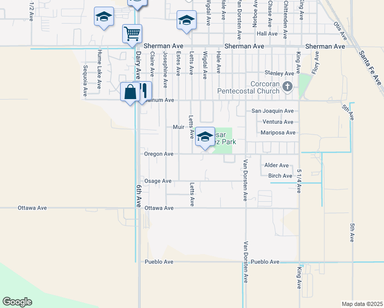map of restaurants, bars, coffee shops, grocery stores, and more near 1500 Oregon Avenue in Corcoran