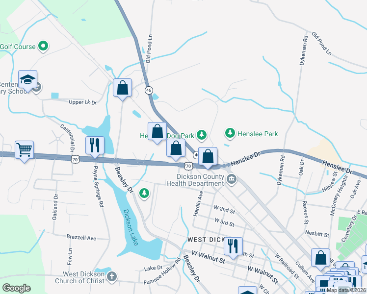 map of restaurants, bars, coffee shops, grocery stores, and more near 117 Pond Road in Dickson