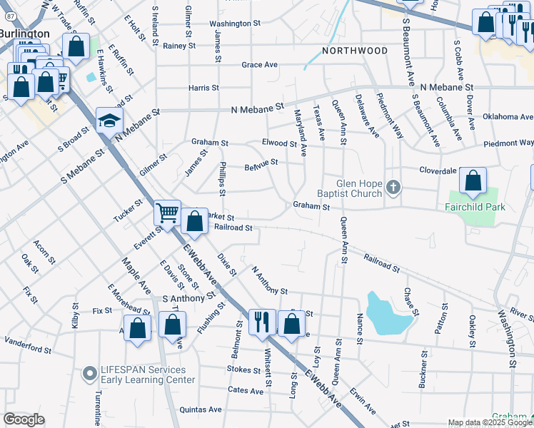 map of restaurants, bars, coffee shops, grocery stores, and more near 938 East Market Street in Burlington