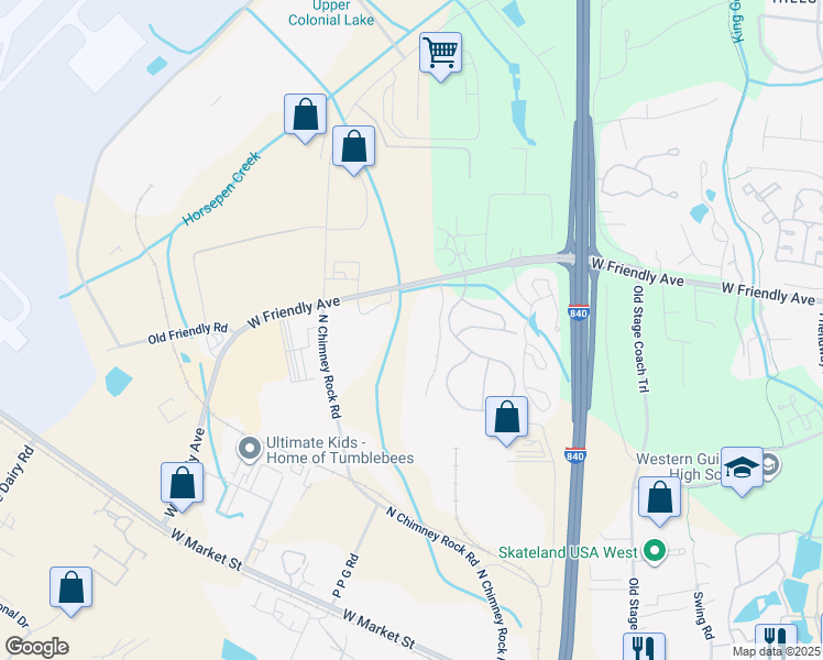 map of restaurants, bars, coffee shops, grocery stores, and more near 7125 West Friendly Avenue in Greensboro