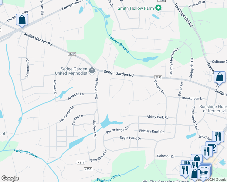 map of restaurants, bars, coffee shops, grocery stores, and more near 1206 Land Grove Court in Kernersville