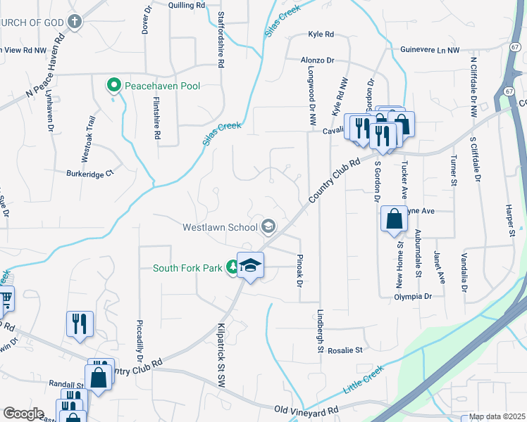 map of restaurants, bars, coffee shops, grocery stores, and more near 113 Forest View Drive in Winston-Salem