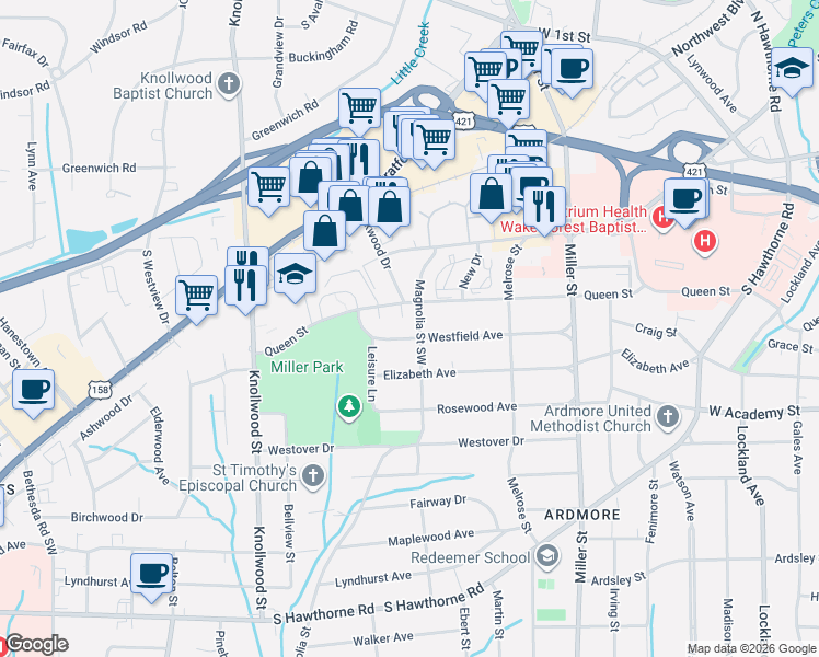 map of restaurants, bars, coffee shops, grocery stores, and more near 2403 Westfield Avenue in Winston-Salem
