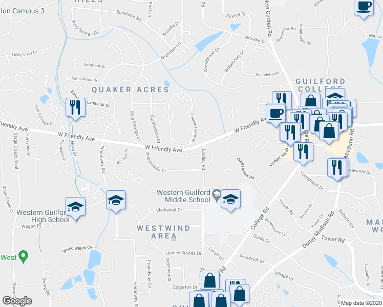 map of restaurants, bars, coffee shops, grocery stores, and more near 6114 Morgan Ashley Drive in Greensboro