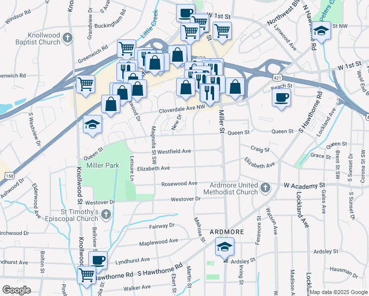 map of restaurants, bars, coffee shops, grocery stores, and more near 2317 Westfield Avenue in Winston-Salem