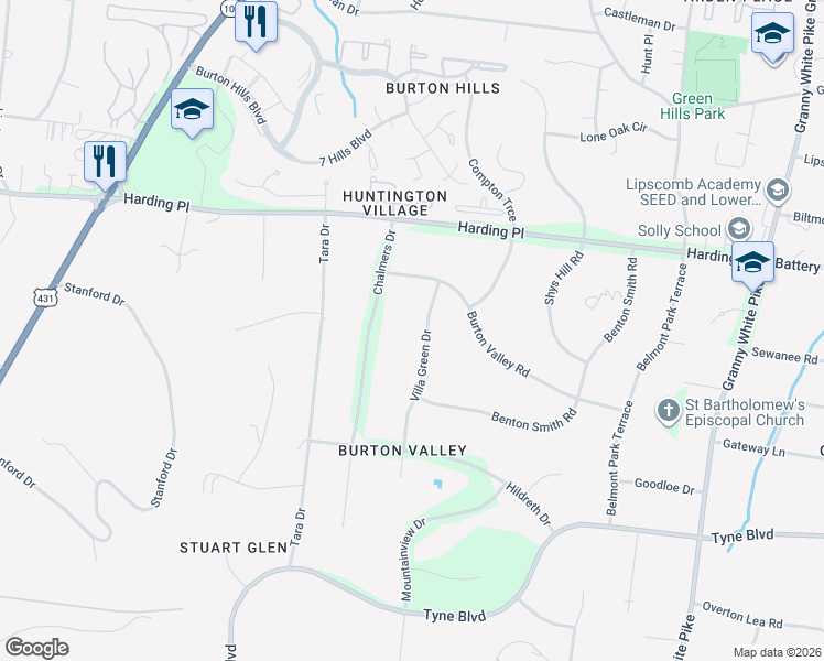 map of restaurants, bars, coffee shops, grocery stores, and more near 4617 Villa Green Drive in Nashville