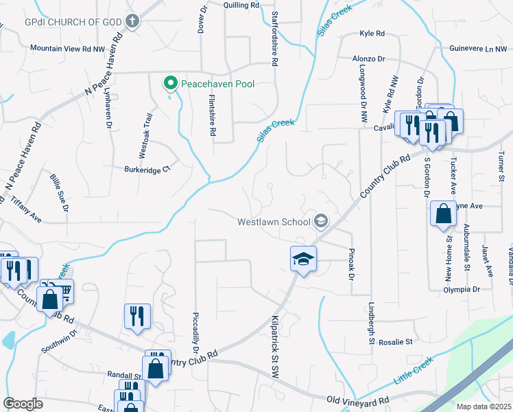 map of restaurants, bars, coffee shops, grocery stores, and more near 400 Park Ridge Lane in Winston-Salem