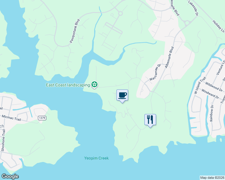 map of restaurants, bars, coffee shops, grocery stores, and more near 104 Chowan Cir in Hertford