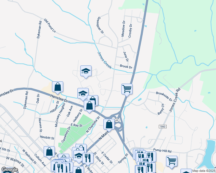 map of restaurants, bars, coffee shops, grocery stores, and more near 901 North Charlotte Street in Dickson