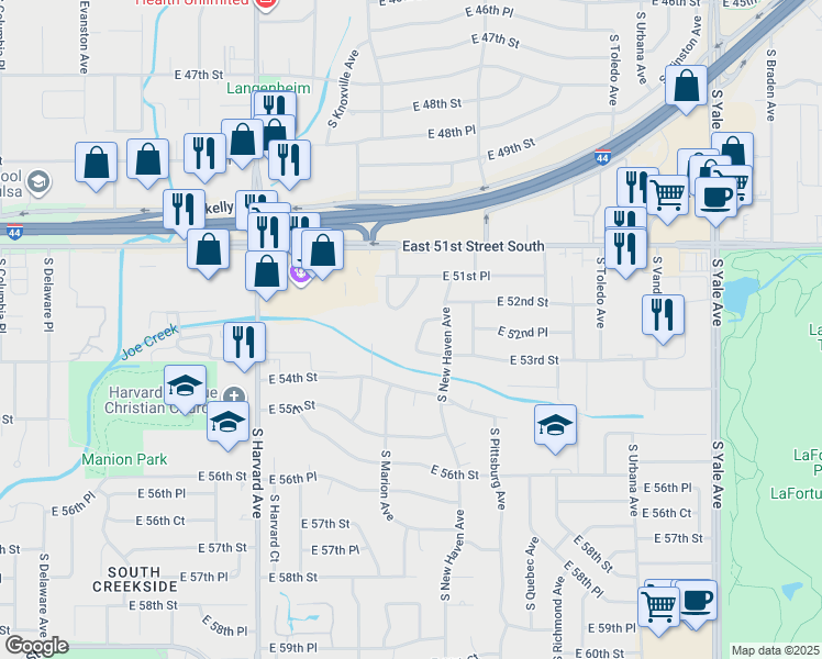 map of restaurants, bars, coffee shops, grocery stores, and more near 5234 South Marion Avenue in Tulsa