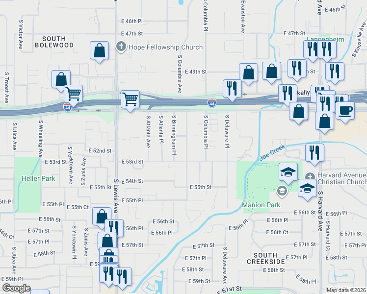 map of restaurants, bars, coffee shops, grocery stores, and more near 5230 South Columbia Avenue in Tulsa